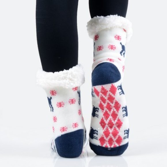 Navy Reindeer on White, Sherpa Lined Slipper Socks - Picture 3 of 4